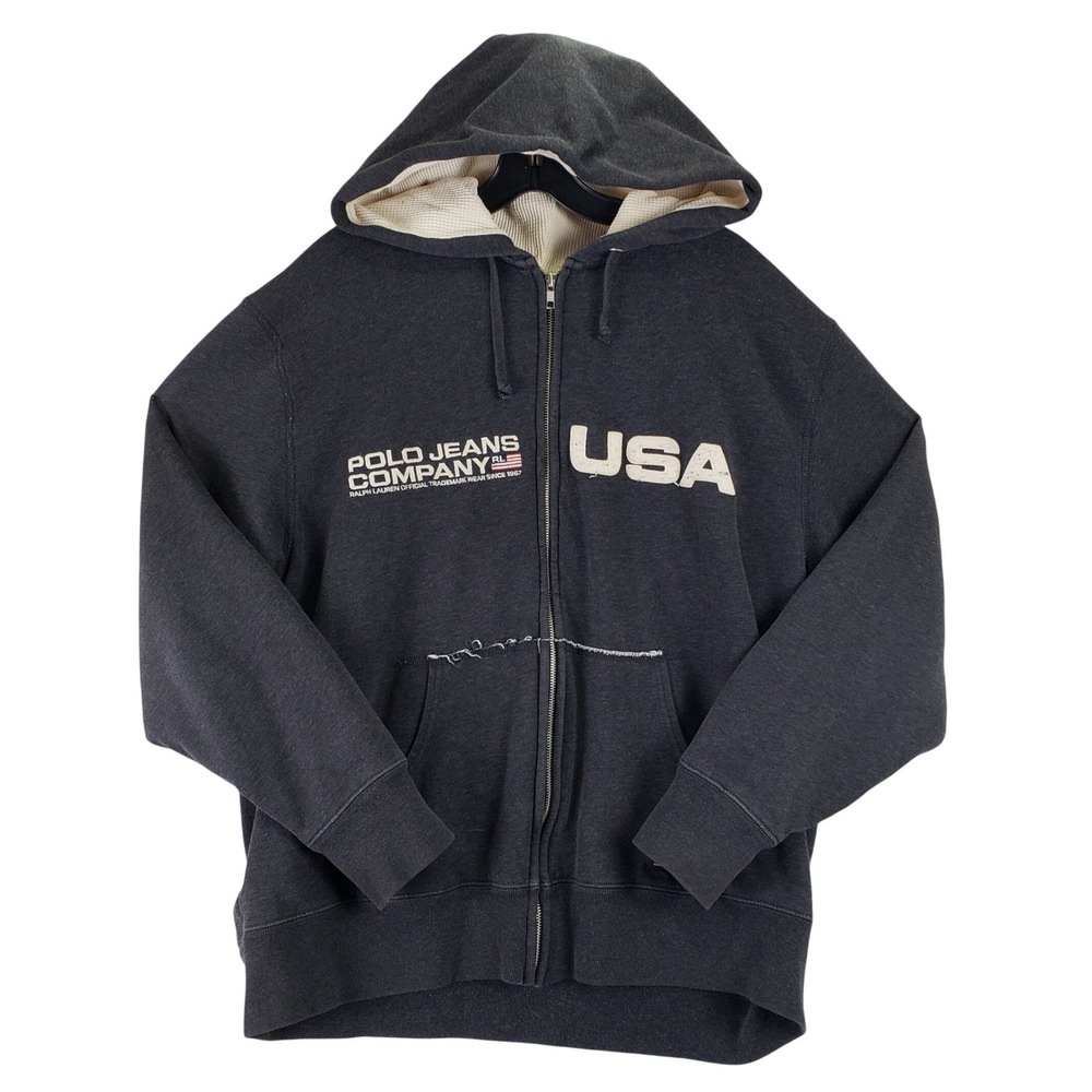 VINTAGE Polo Jeans Co Ralph Lauren Hoodie Mens XL Gray USA Full Zip Y2K Thermal